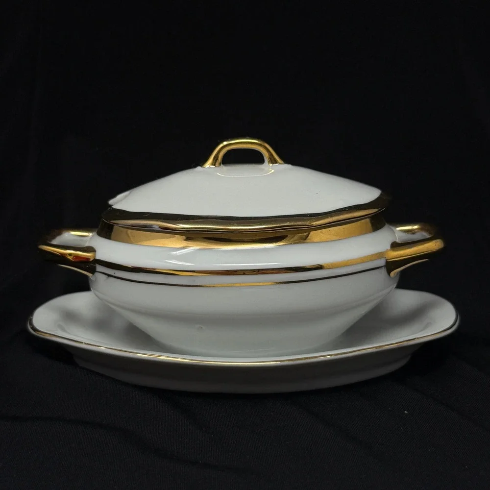 Royal Crown Sugar Bowl Tureen Gravy Boat Style White Gold Accent 525‎ Mini 5.25